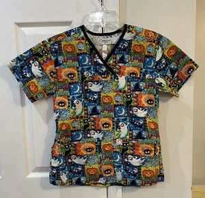 Peaches Scrub Uniform Top Sz S Halloween Ghost Bats Pumpkins Glitter - Picture 1 of 5