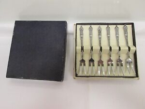 Vintage Boxed Set of Chrome Plated Cake Forks hors d'oeuvre Cutlery Meat Pickle