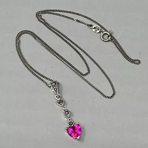 Pink Heart Solitaire Pendant Necklace Sterling Silver Marcasite Valentine SU 925 - Picture 1 of 11