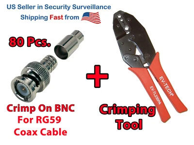 80 pcs BNC Crimp On Male Connector with Crimping Tool for Siamese RG59 Cable - Image 1 of 4