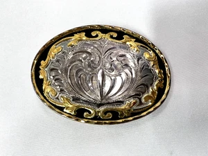 Circle Y Silver Belt Buckle 3.5" X 2.5" Oval Gold, Black & Silver Etched Design - Picture 1 of 12