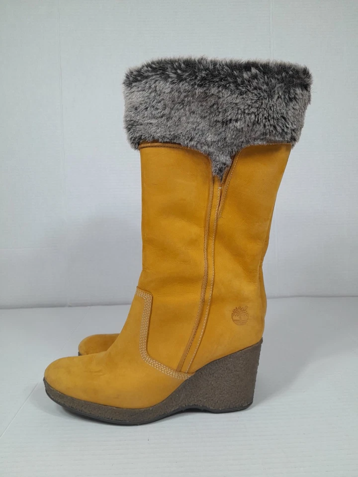 Timberland Calf High Wedge Boots Women 7.5M Tan Faux Fur Lined Vintage Y2k - Image 1 of 4