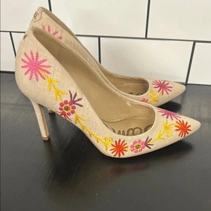 Zapatos de salón Sam Edelman para mujer beige lino avellana bordados florales talla 6,5 - Imagen 1 de 8