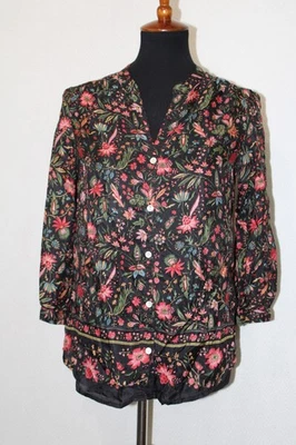 Blusa túnica Lucky Brand 100 % seda talla S negra floral con botones delanteros Foto 1 de 4