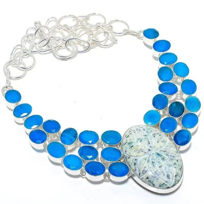 Collana In Argento Sterling 925 Fatta A Mano Con Gemma Di Onice E Azzurite 18" - Immagine 1 di 4