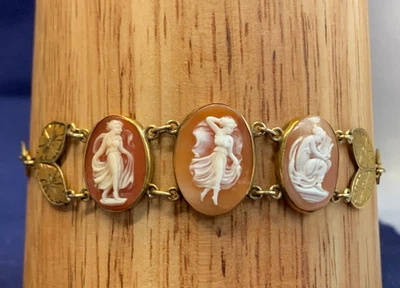 Antique 10K Yellow Gold Cameo Bracelet 10.4g Fine Jewelry 8.75" Carved Ladies - Image 1 of 4