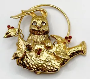 Hase in Gießkanne mit Blättern Strass Anstecknadel Brosche MANGEL - Bild 1 von 4
