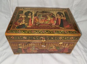 Vintage Collectible Painted Lord Krishna Radha Wooden Secret Drawer Jewelry Box - Picture 1 of 11