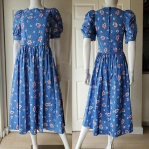 Vintage 90s 80s Laura Ashley Blue Floral Puff Sleeve A Line Midi Dress Size 8 - Picture 1 of 9