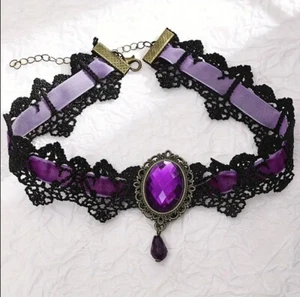 Gothic purple lace choker necklace with vintage gemstone pendant Victorian style - Picture 1 of 3