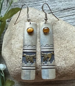 T and R Singer Native American Sterling Silver Gold Filled Earrings. 2.6 Inch - Picture 1 of 12