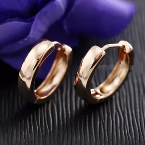 9K ROSE GOLD FILLED Solid PLAIN BAND WOMENS GIRL CLASSIC ROUND HOOP EARRINGS NEW - Picture 1 of 7