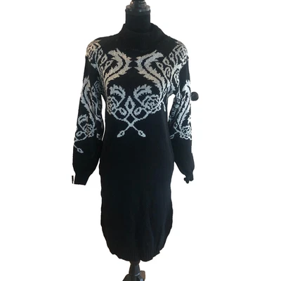 VTG 80s 90sDressy Tessy White Black Silver Patterned Sweater Dress Turtle Neck S - Image 1 of 4