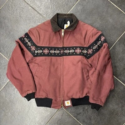 Vintage Carhartt Jacket Mens L Maroon Aztec Sante Fe 90s USA Southwest JQ0536 - Image 1 of 4