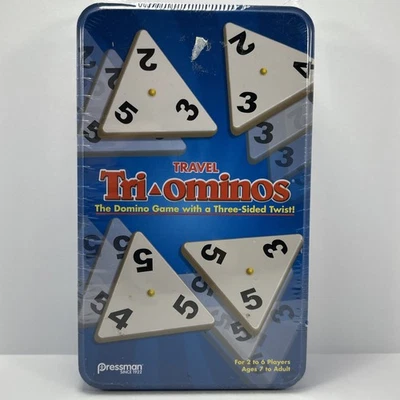 NEW Travel TRI-OMINOS Domino Tile Game with Brass Spinners in Tin Pressman - Image 1 of 4