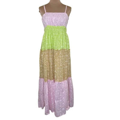 Ro's Garden Maxi Dress Medium Tiered Peasant Colorblock Floral Prairie Cottage - Image 1 of 4