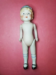 Large 7.5" All Bisque Doll Molded Blue Headband With Pink Bow Japan Nice Detail - Picture 1 of 9