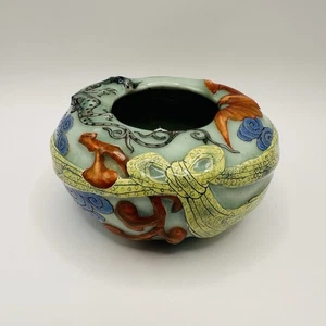Antique Chinese Qianlong Mark Celadon Brush Washer Bowl Relief Dragon Bat Clouds - Picture 1 of 18