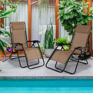 NNECW Patio Zero Gravity Lounge Chair with Cup Holder & Removable Pillow-Brow - Picture 1 of 11