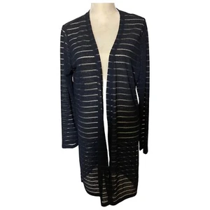 Ellen Tracy Womens Large Navy Semi-Sheer Stripe Cardigan Long Sleeve Open Front - Picture 1 of 8