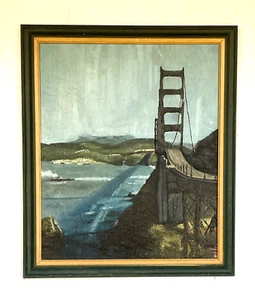 Framed Original Vtg Suspension Bridge Oil Painting, Unsigned 27" by 23" - Picture 1 of 10