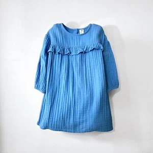 H&M Muslin Textured Dress Ruffled Front, Size 104/ 4T, Blue - Picture 1 of 8