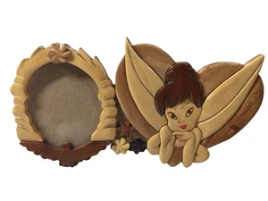 Marco de fotos vintage Tinkerbell hecho a mano intarsia incrustación de madera 4"x5" sin vidrio - Imagen 1 de 10