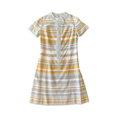 Vintage 70s Leslie Fay Dress Tan Gray Stripes Small Medium #13 - Image 1 of 4