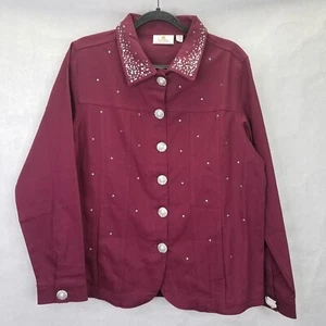 Quacker Factory Denim Jacket Women's M Pearl Rhinestone Embellished Wine Red NEW - Picture 1 of 15