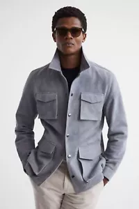 New Men's Gray Suede Patch Pocket Jacket Soft Sheepskin Stylish Slim Fit Jacket - Picture 1 of 5
