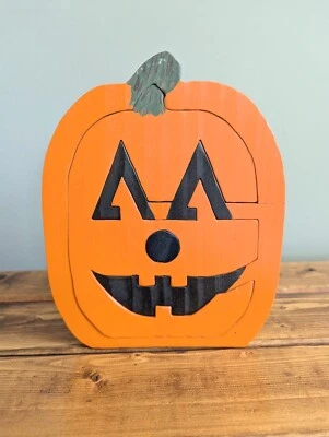 Estatuilla rompecabezas de calabaza de madera hecha a mano decoración Halloween cosecha otoño 🎃 Foto 1 de 4