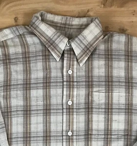 Vintage Button Down Shirt Beige Brown Plaid Men’s XLT Cotton Blend 70s Workwear - Picture 1 of 9
