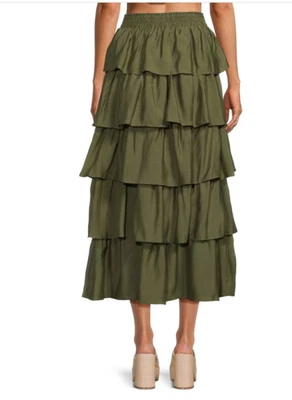 Maxi Falda Midi Endless Rosa Con Volantes Caqui Verde Pull On $110 Pequeña Nueva con Etiquetas Foto 1 de 4