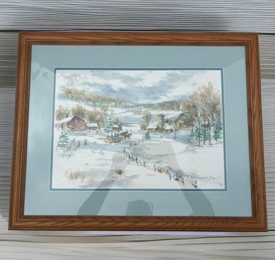 Pintura Acuarela-Invierno En La Granja-Nieve Rural Enmarcada Firmada Auténtica 23x19 Foto 1 de 4