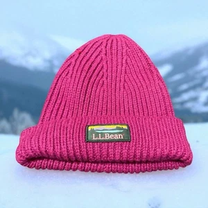 LL Bean Kids Beanie Rib Knit Hat Watch Cuff Cap Girls Rolled OS 510843 Pink - Picture 1 of 12