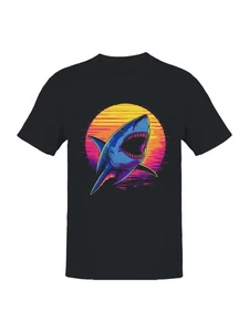 Retro Sunset Shark Attack Men's T-shirt - Picture 1 of 6