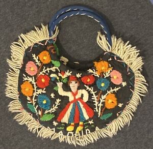 Vintage Yarn Embroidered Floral Purse Lunch Handbag - Plastic Waterproof Lined
