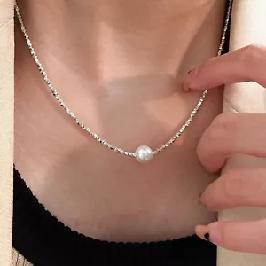 Choker scintillante placcato oro 18K S925 argento lucido con ciondolo perla 10 mm - Foto 1 di 4