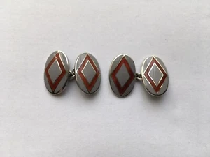 VINTAGE SILVER LIGHT GREY&MAROON DIAMOND PATTERN GENTS CUFFLINKS - Picture 1 of 2