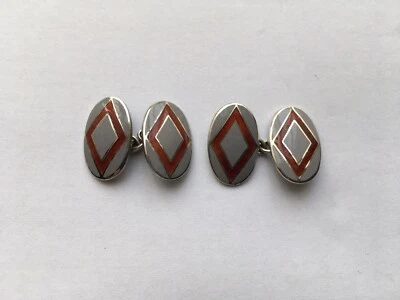 VINTAGE SILVER LIGHT GREY&MAROON DIAMOND PATTERN GENTS CUFFLINKS - Image 1 of 2