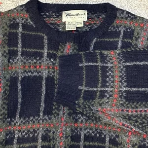 VTG Eddie Bauer Wool Knit Sweater Sz XL Plaid Y2K Fisherman Grandpa Chunky Aran - Picture 1 of 11