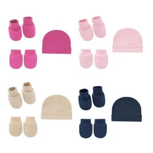 Newborn Baby Plain Colour Cotton Beanie Cap Mittens Booties Hospital 3pcs Set - Picture 1 of 12