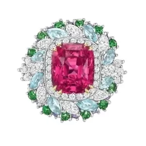 Cushion Cut Lab Burma Ruby and Aqua Marquise Ring for Womens Cocktail Jewelry - Picture 1 of 6