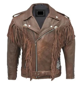 New Men’s Western Fringe Cowboy Motorcycle Jacket – Genuine Cowhide Leather - Picture 1 of 5