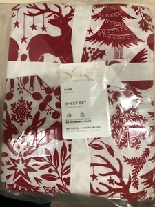 POTTERY BARN KING Red White Nordic Holiday Christmas 4 Piece Cotton Sheet Set - Picture 1 of 2