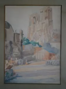 Painting Watercolour Landscape Pattern Cathedral Reims 1919 Frame Antique - Imagen 1 de 10