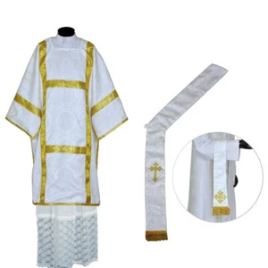 New WHITE Dalmatic Vestment with Deacon's Stole & Maniple, Roman Dalmatic - Picture 1 of 1