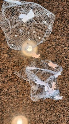 White Bird Cage Veil & Pink Bird Cage Veil Netting Chenille Dots Bows Vntg 1960s - Image 1 of 4
