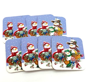 Christmas Coasters Snowman Family Set of 8 Cork Backed Square Shape 3 3/4" - Picture 1 of 6