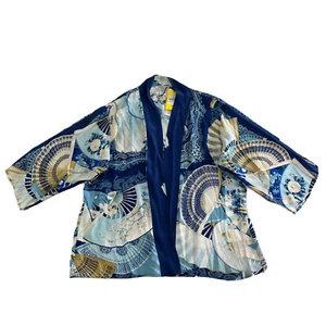 Citron Santa Monica Open Front Kimono Top Womens PM Blue Fans Floral Silk New - Picture 1 of 16
